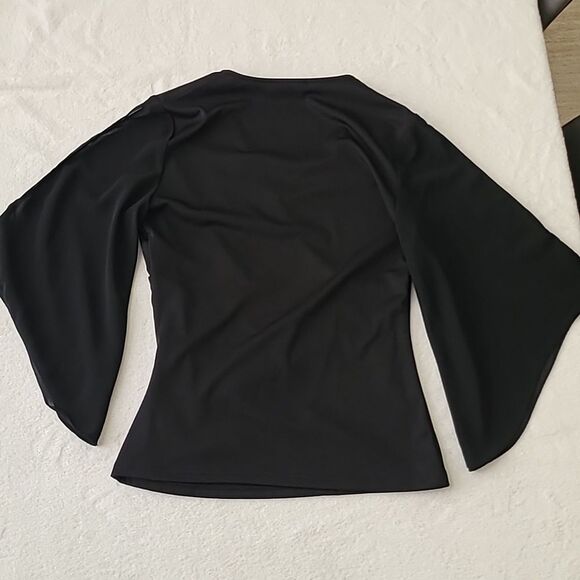 Grace Karin NWT Black Wrap Blouse 3/4 Cut Out Bell Sleeves Small Ruched Top - Picture 7 of 7